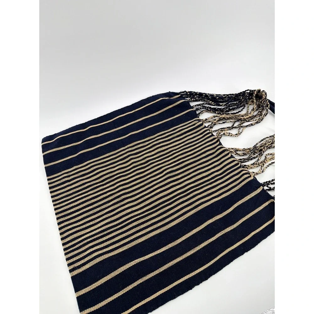 Handmade Woven Navy Blue Gold Color Striped Tote Bag Braided Handles Boho Market